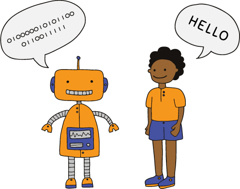 Cartoon boy talking to robot