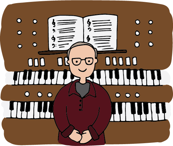 Don Knuth stands in front of a piano.
