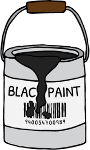 A black paint tin with paint across the name and barcode.