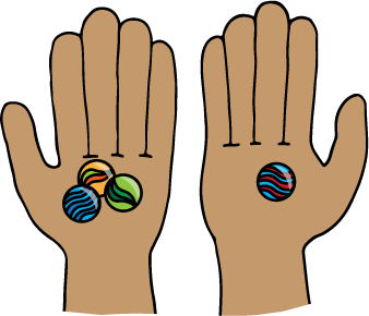 The image shows two hands, one with three marbles and the other with one marble.