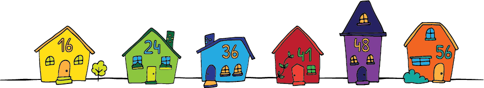 Six houses numbered 16, 24, 36, 41, 48, and 56