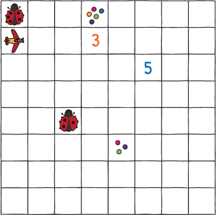 8 x 8 Gitterfeld mit verschiedenen Objekten darauf, einschließlich Marienkäfer, verschiedene Zahlen, ein Flugzeug und Quadrate mit unterschiedlich vielen Punkten.
