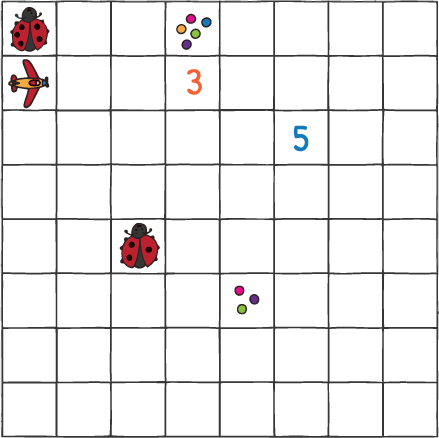 8 x 8 grid with various objects across the grid including, ladybugs, different numbers, a plane, and squares with different numbers of dots.