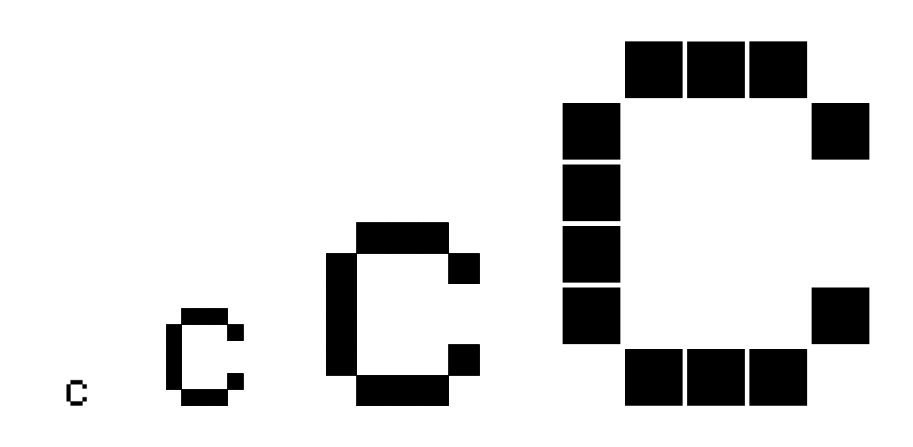 Trois images de la lettre majuscule 'C' sont montrées. Elles zooment progressivement pour montrer les carrés noir et blancs qui forment la lettre à l'écran.