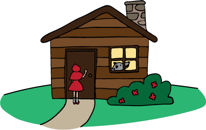 Rotkäppchen klopft an die Tür einer Hütte.
