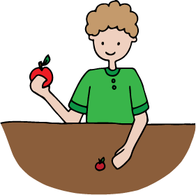 A person compares a large apple and a small apple.